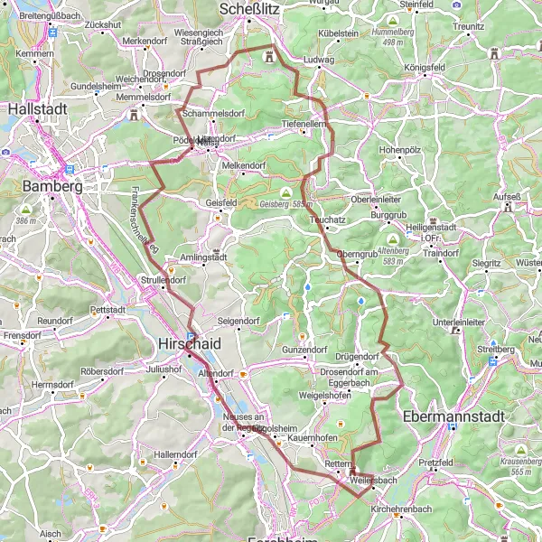Map miniature of "Picturesque Gravel Ride through Hirschaid and Bamberg" cycling inspiration in Oberfranken, Germany. Generated by Tarmacs.app cycling route planner