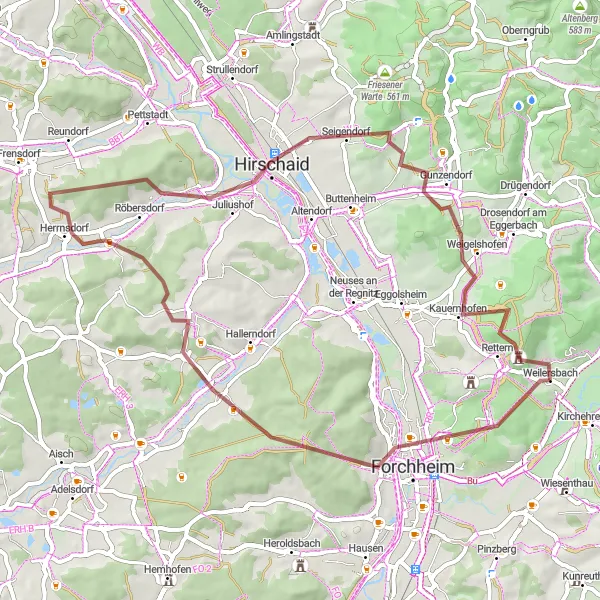 Map miniature of "Weilersbach and the Surrounding Villages" cycling inspiration in Oberfranken, Germany. Generated by Tarmacs.app cycling route planner