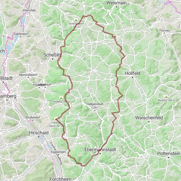 Map miniature of "Challenging Gravel Adventure near Weilersbach" cycling inspiration in Oberfranken, Germany. Generated by Tarmacs.app cycling route planner