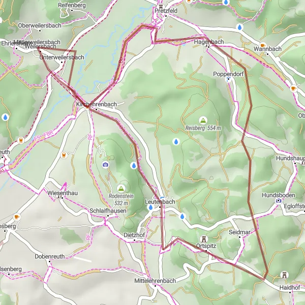 Karten-Miniaturansicht der Radinspiration "Gravel-Tour rund um Weilersbach" in Oberfranken, Germany. Erstellt vom Tarmacs.app-Routenplaner für Radtouren