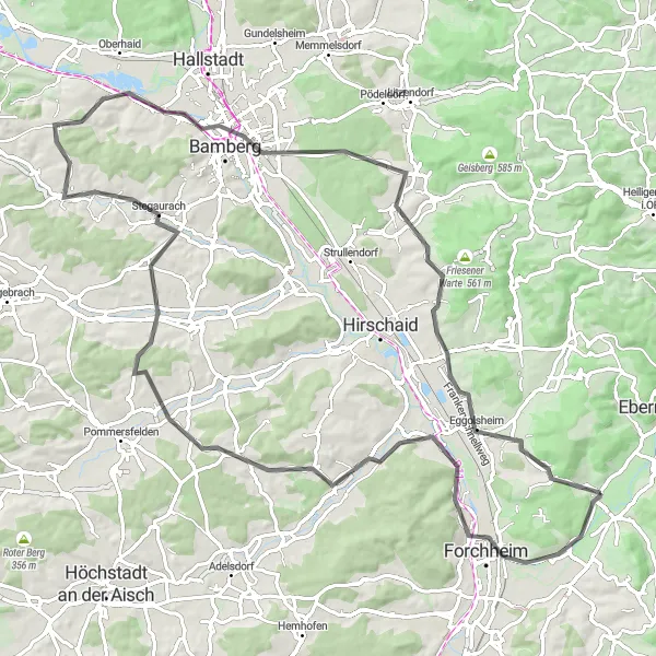 Karten-Miniaturansicht der Radinspiration "Road-Tour um Weilersbach" in Oberfranken, Germany. Erstellt vom Tarmacs.app-Routenplaner für Radtouren