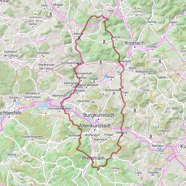 Map miniature of "Gravel Adventure through Scenic Terrain" cycling inspiration in Oberfranken, Germany. Generated by Tarmacs.app cycling route planner