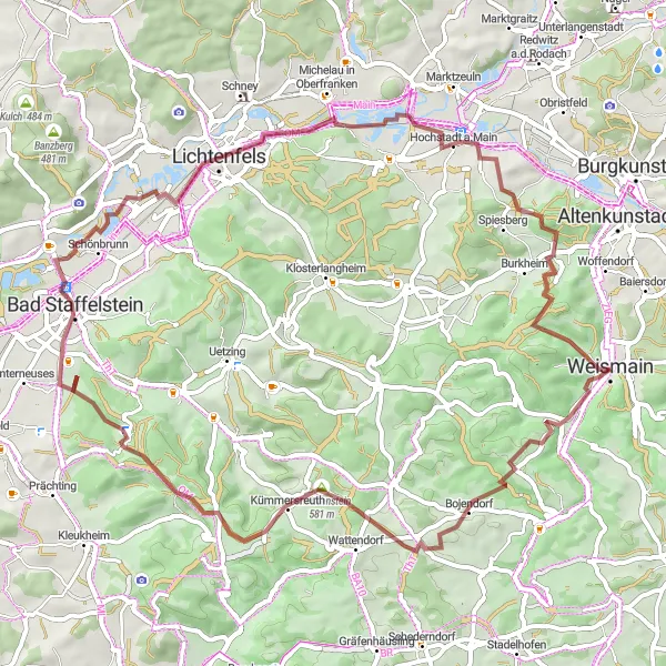 Map miniature of "Weismain to Giechkröttendorf Gravel Loop" cycling inspiration in Oberfranken, Germany. Generated by Tarmacs.app cycling route planner
