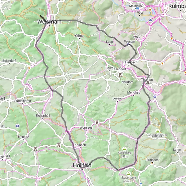 Karten-Miniaturansicht der Radinspiration "Road-Tour durch Thurnau und Hollfeld" in Oberfranken, Germany. Erstellt vom Tarmacs.app-Routenplaner für Radtouren