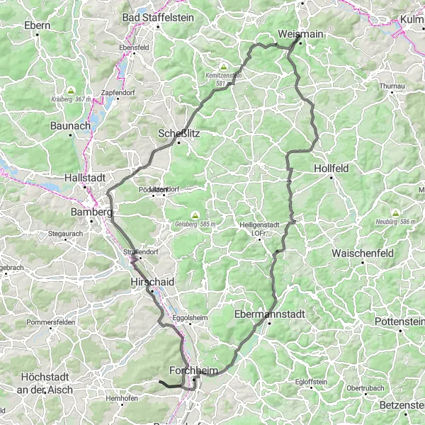 Map miniature of "Weismain to Forchheim Circuit" cycling inspiration in Oberfranken, Germany. Generated by Tarmacs.app cycling route planner