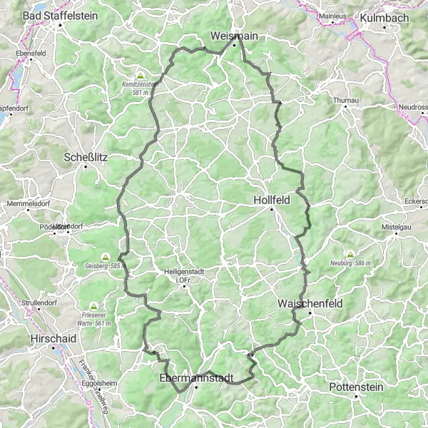 Map miniature of "Challenging Road Route with Scenic Highlights" cycling inspiration in Oberfranken, Germany. Generated by Tarmacs.app cycling route planner