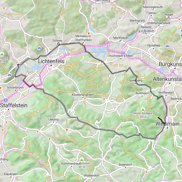 Karten-Miniaturansicht der Radinspiration "Herrliche Road-Strecke" in Oberfranken, Germany. Erstellt vom Tarmacs.app-Routenplaner für Radtouren