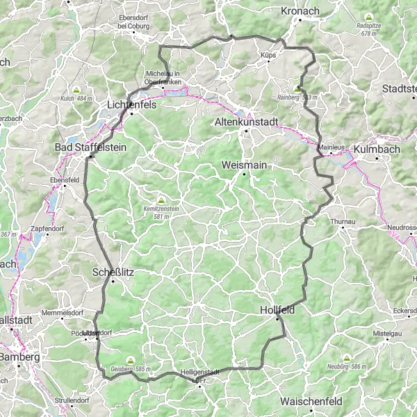 Map miniature of "Belvedere Views and Historic Charm: Road Cycling through Weißenbrunn" cycling inspiration in Oberfranken, Germany. Generated by Tarmacs.app cycling route planner