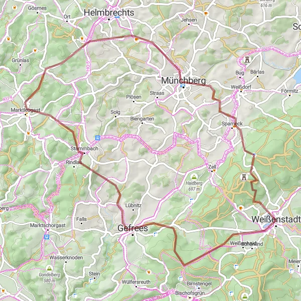 Map miniature of "Weißenstadt Gravel Adventure" cycling inspiration in Oberfranken, Germany. Generated by Tarmacs.app cycling route planner