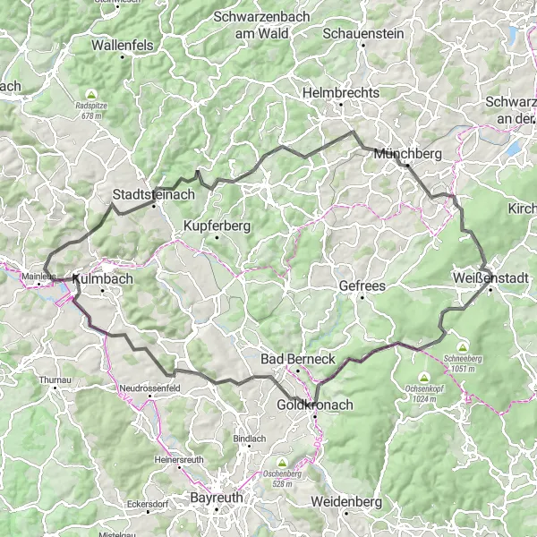 Map miniature of "The Castle Chase" cycling inspiration in Oberfranken, Germany. Generated by Tarmacs.app cycling route planner