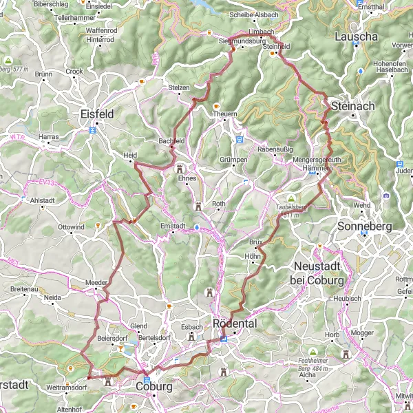 Karten-Miniaturansicht der Radinspiration "Gravel-Tour rund um Weitramsdorf" in Oberfranken, Germany. Erstellt vom Tarmacs.app-Routenplaner für Radtouren