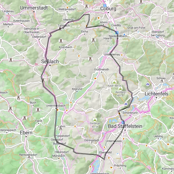 Karten-Miniaturansicht der Radinspiration "Johannesberg - Untermerzbach Tour" in Oberfranken, Germany. Erstellt vom Tarmacs.app-Routenplaner für Radtouren