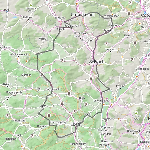 Karten-Miniaturansicht der Radinspiration "Elch - Weitramsdorf Panoramafahrt" in Oberfranken, Germany. Erstellt vom Tarmacs.app-Routenplaner für Radtouren