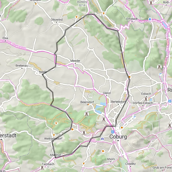 Karten-Miniaturansicht der Radinspiration "Weitramsdorf - Coburg Rundfahrt" in Oberfranken, Germany. Erstellt vom Tarmacs.app-Routenplaner für Radtouren