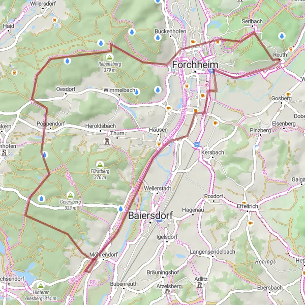 Karten-Miniaturansicht der Radinspiration "Gravelabenteuer um Wiesenthau" in Oberfranken, Germany. Erstellt vom Tarmacs.app-Routenplaner für Radtouren