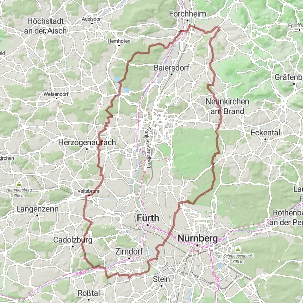 Map miniature of "Gravel Route: Pinzberg to Sigritzau" cycling inspiration in Oberfranken, Germany. Generated by Tarmacs.app cycling route planner