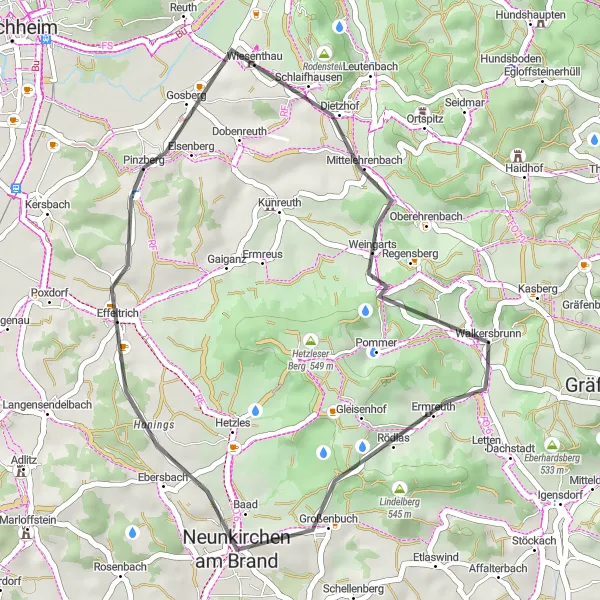 Map miniature of "Classic Hills and Castles" cycling inspiration in Oberfranken, Germany. Generated by Tarmacs.app cycling route planner