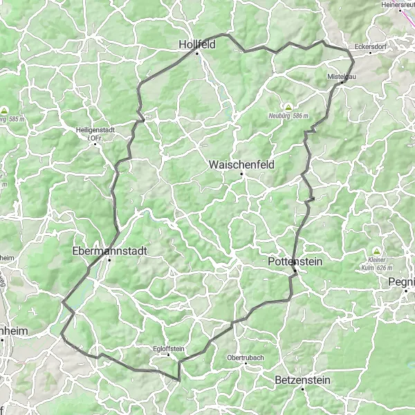 Map miniature of "Climbs and Medieval Treasures" cycling inspiration in Oberfranken, Germany. Generated by Tarmacs.app cycling route planner