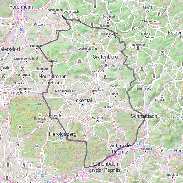 Map miniature of "Bug and Kunreuth Loop" cycling inspiration in Oberfranken, Germany. Generated by Tarmacs.app cycling route planner