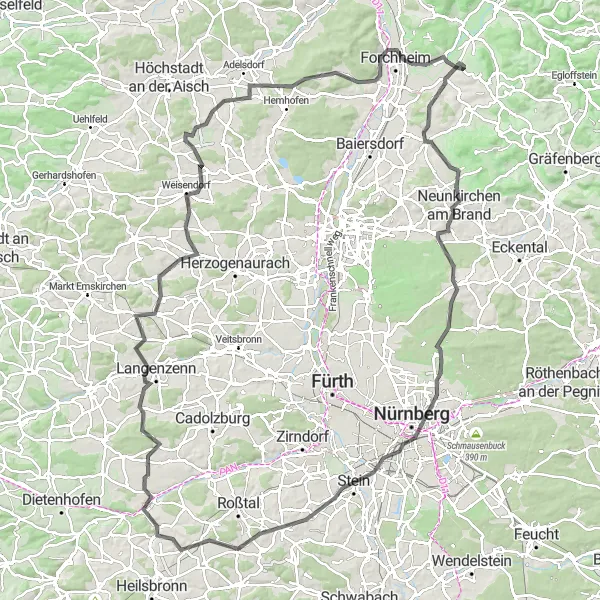 Karten-Miniaturansicht der Radinspiration "Eine Tour durch die Fränkische Schweiz" in Oberfranken, Germany. Erstellt vom Tarmacs.app-Routenplaner für Radtouren