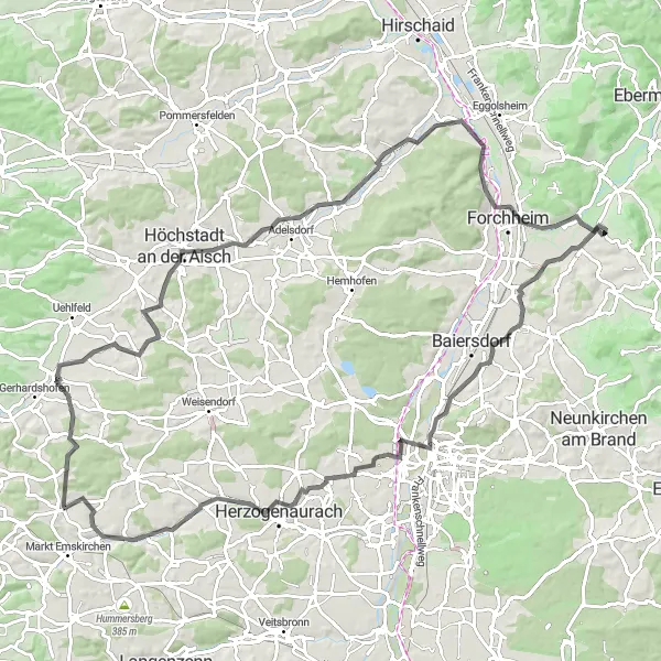 Map miniature of "Road Route: Bubenreuth to Schloss Wiesenthau" cycling inspiration in Oberfranken, Germany. Generated by Tarmacs.app cycling route planner
