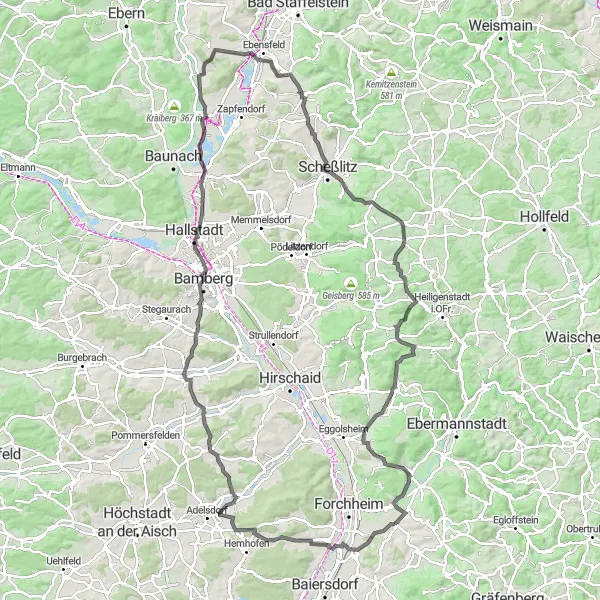 Map miniature of "Road Route: Pinzberg to Weilersbach" cycling inspiration in Oberfranken, Germany. Generated by Tarmacs.app cycling route planner