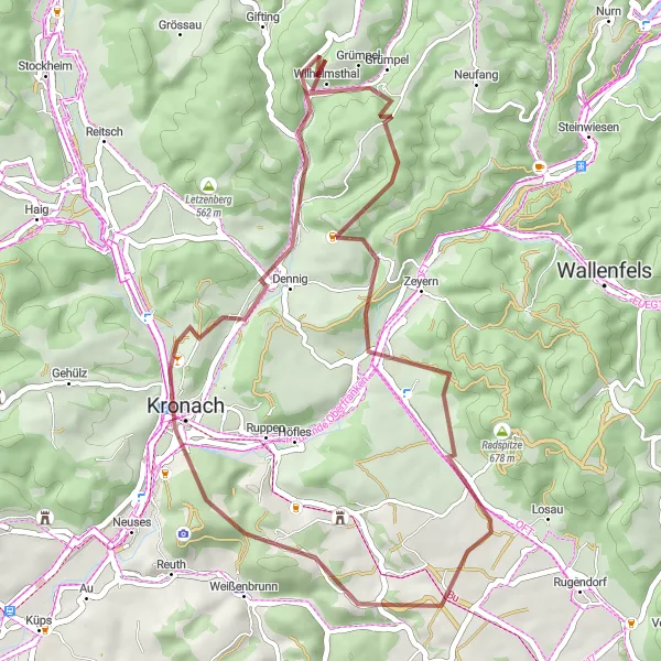 Karten-Miniaturansicht der Radinspiration "Rund um Kronach" in Oberfranken, Germany. Erstellt vom Tarmacs.app-Routenplaner für Radtouren