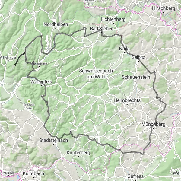 Map miniature of "Challenging Bavarian Adventure" cycling inspiration in Oberfranken, Germany. Generated by Tarmacs.app cycling route planner