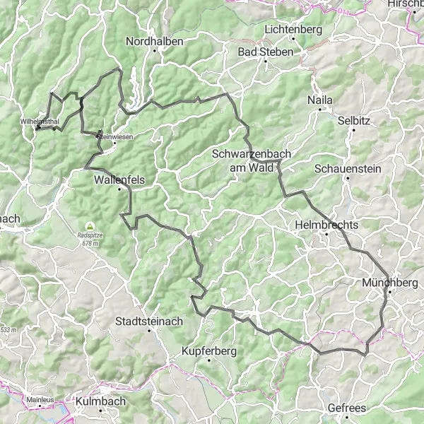 Karten-Miniaturansicht der Radinspiration "Abenteuerliche Radtour um Wilhelmsthal" in Oberfranken, Germany. Erstellt vom Tarmacs.app-Routenplaner für Radtouren