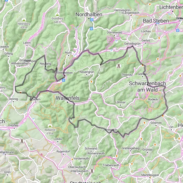 Map miniature of "Hinterland Tour" cycling inspiration in Oberfranken, Germany. Generated by Tarmacs.app cycling route planner