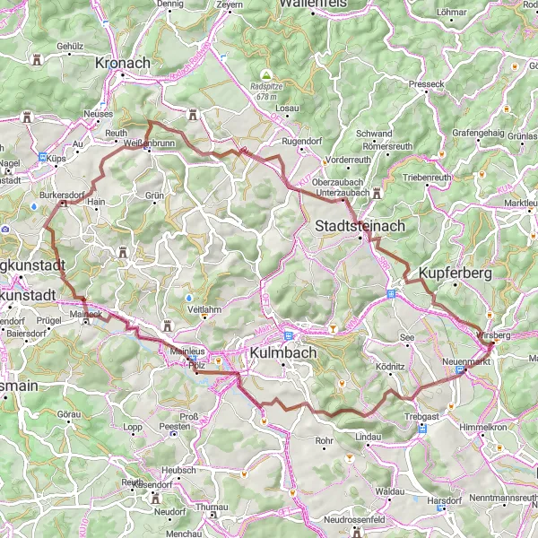 Map miniature of "Round-Trip Gravel Cycling Route to Neuenmarkt" cycling inspiration in Oberfranken, Germany. Generated by Tarmacs.app cycling route planner