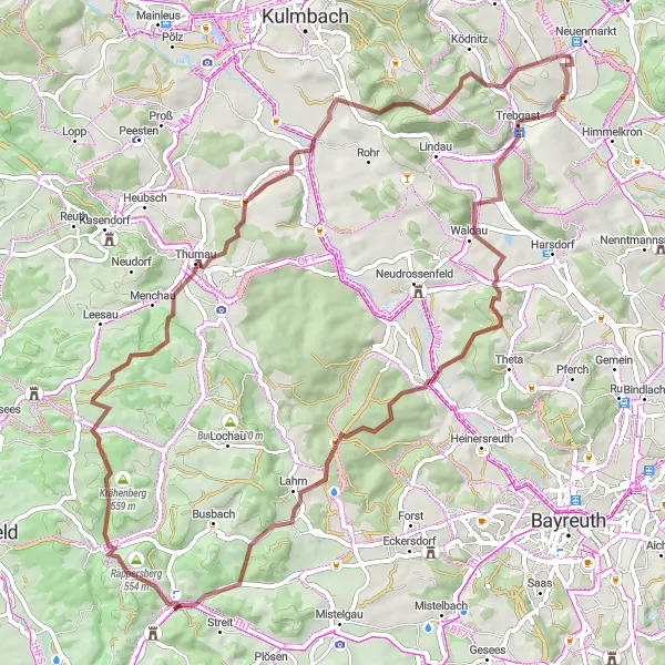 Map miniature of "Round-Trip Gravel Cycling Route to Höllberg" cycling inspiration in Oberfranken, Germany. Generated by Tarmacs.app cycling route planner
