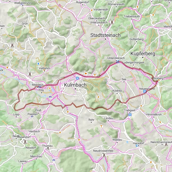 Karten-Miniaturansicht der Radinspiration "Gravelroute von Wirsberg zum West-Pavillon" in Oberfranken, Germany. Erstellt vom Tarmacs.app-Routenplaner für Radtouren