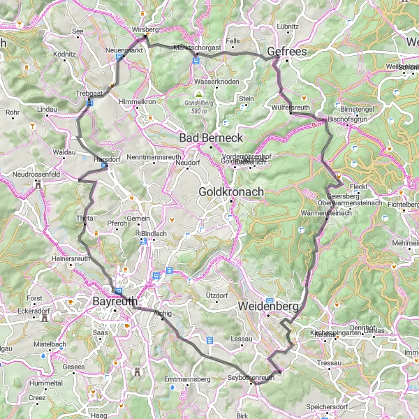 Map miniature of "The Hill Country Ride" cycling inspiration in Oberfranken, Germany. Generated by Tarmacs.app cycling route planner