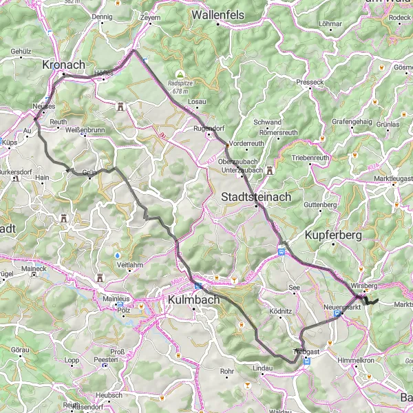 Map miniature of "Round-Trip Cycling Road Route from Wirsberg to Trebgast" cycling inspiration in Oberfranken, Germany. Generated by Tarmacs.app cycling route planner