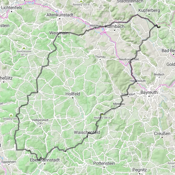 Map miniature of "The Countryside Explorer" cycling inspiration in Oberfranken, Germany. Generated by Tarmacs.app cycling route planner