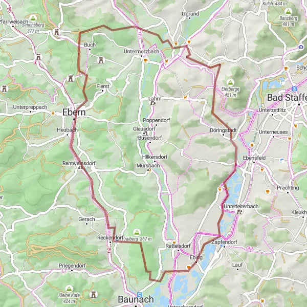 Karten-Miniaturansicht der Radinspiration "Sauberg und Himmelreich Gravel Route" in Oberfranken, Germany. Erstellt vom Tarmacs.app-Routenplaner für Radtouren
