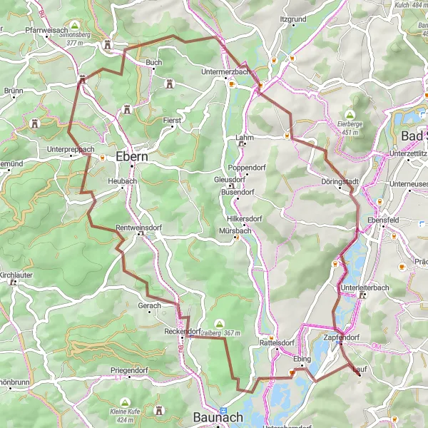 Karten-Miniaturansicht der Radinspiration "Abenteuerliche Schottertour um Zapfendorf" in Oberfranken, Germany. Erstellt vom Tarmacs.app-Routenplaner für Radtouren