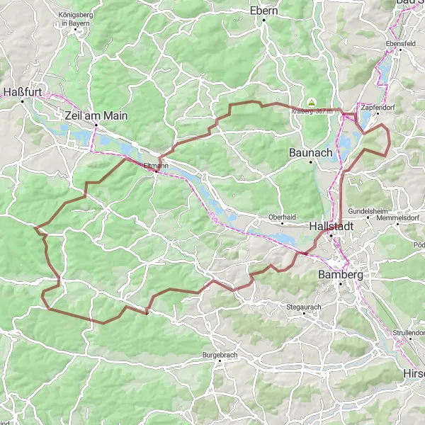 Map miniature of "Viele Hügel und herrliche Ausblicke" cycling inspiration in Oberfranken, Germany. Generated by Tarmacs.app cycling route planner