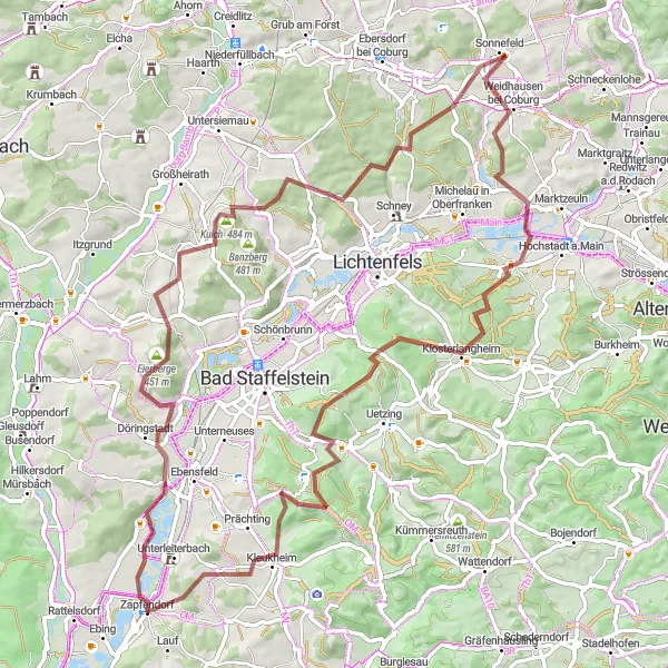 Map miniature of "Hilly Gravel Loop" cycling inspiration in Oberfranken, Germany. Generated by Tarmacs.app cycling route planner