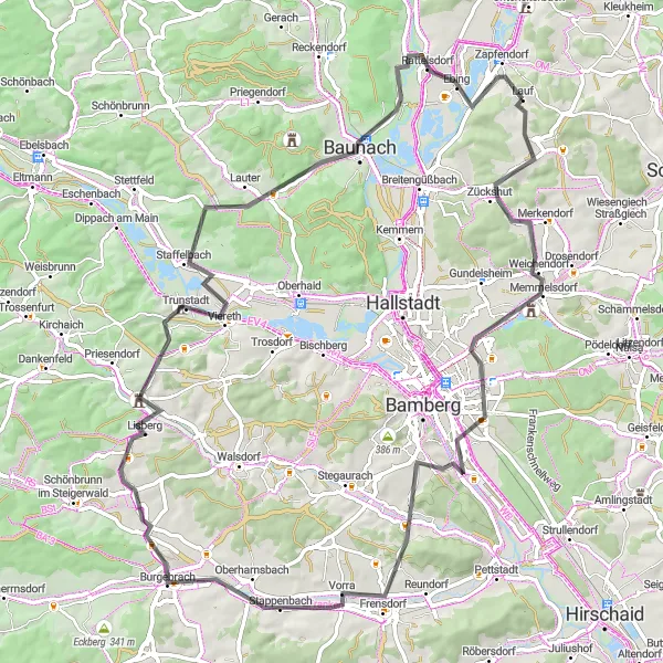 Karten-Miniaturansicht der Radinspiration "Radtour um Zapfendorf entlang von Memmelsdorf und Baunach" in Oberfranken, Germany. Erstellt vom Tarmacs.app-Routenplaner für Radtouren