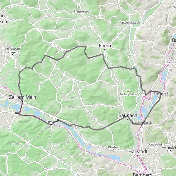 Map miniature of "Zapfendorf to Baunach Round Trip" cycling inspiration in Oberfranken, Germany. Generated by Tarmacs.app cycling route planner