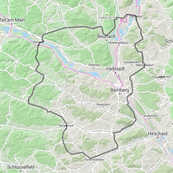 Map miniature of "Road Cycling Adventure" cycling inspiration in Oberfranken, Germany. Generated by Tarmacs.app cycling route planner