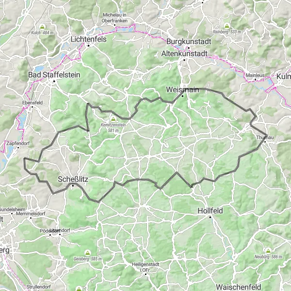 Karten-Miniaturansicht der Radinspiration "Thurnau-Straßgiech Road Route" in Oberfranken, Germany. Erstellt vom Tarmacs.app-Routenplaner für Radtouren