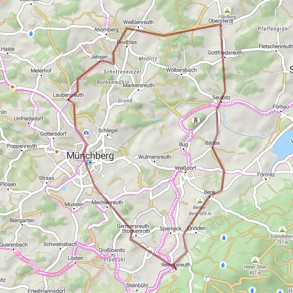 Map miniature of "Tranquil Retreat: Münchberg and Rohrbühl Cycling Route" cycling inspiration in Oberfranken, Germany. Generated by Tarmacs.app cycling route planner