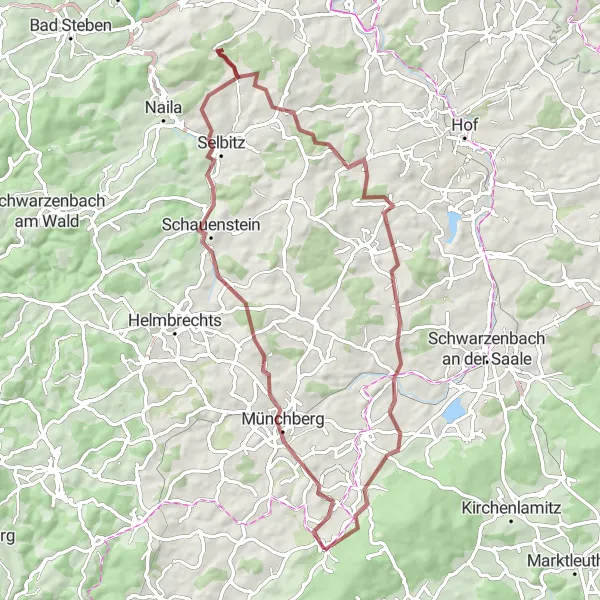 Map miniature of "Münchberg Gravel Adventure" cycling inspiration in Oberfranken, Germany. Generated by Tarmacs.app cycling route planner