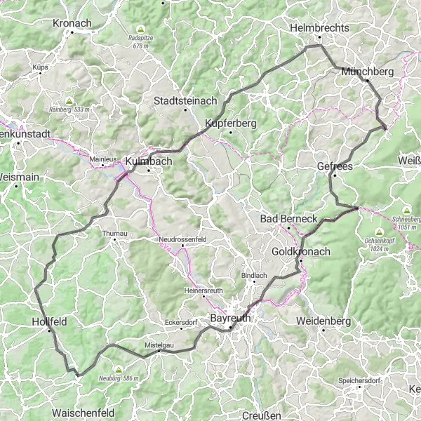 Map miniature of "Bayreuth Hills Grand Tour" cycling inspiration in Oberfranken, Germany. Generated by Tarmacs.app cycling route planner