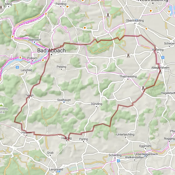 Map miniature of "The Gravel Adventure of Alteglofsheim and Surrounding Villages" cycling inspiration in Oberpfalz, Germany. Generated by Tarmacs.app cycling route planner