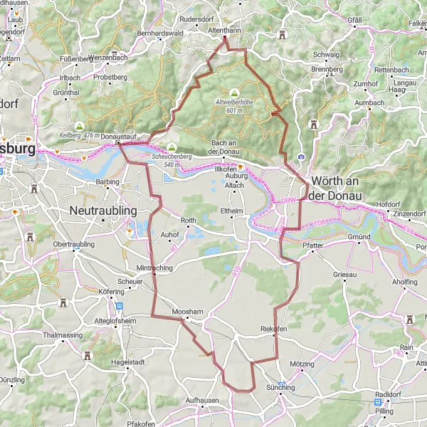 Map miniature of "Altenthann Loop with Gravel Sections" cycling inspiration in Oberpfalz, Germany. Generated by Tarmacs.app cycling route planner