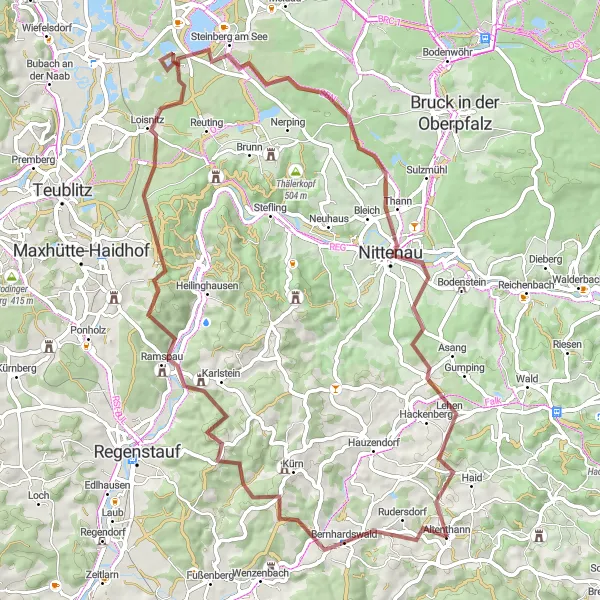 Map miniature of "Altenthann Gravel Adventure" cycling inspiration in Oberpfalz, Germany. Generated by Tarmacs.app cycling route planner